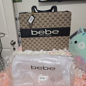 Bebe Tan and Black Logo Tote. LARGE